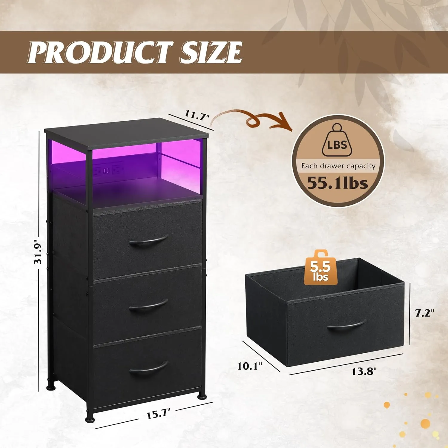 WLIVE LED Nightstand with Charging Station, Black Night Stand with 3 Fabric Drawers and Storage Shelf, Small Dresser for Small Space, 31.9" H Bedside Table with USB Ports and Outlets for Bedroom