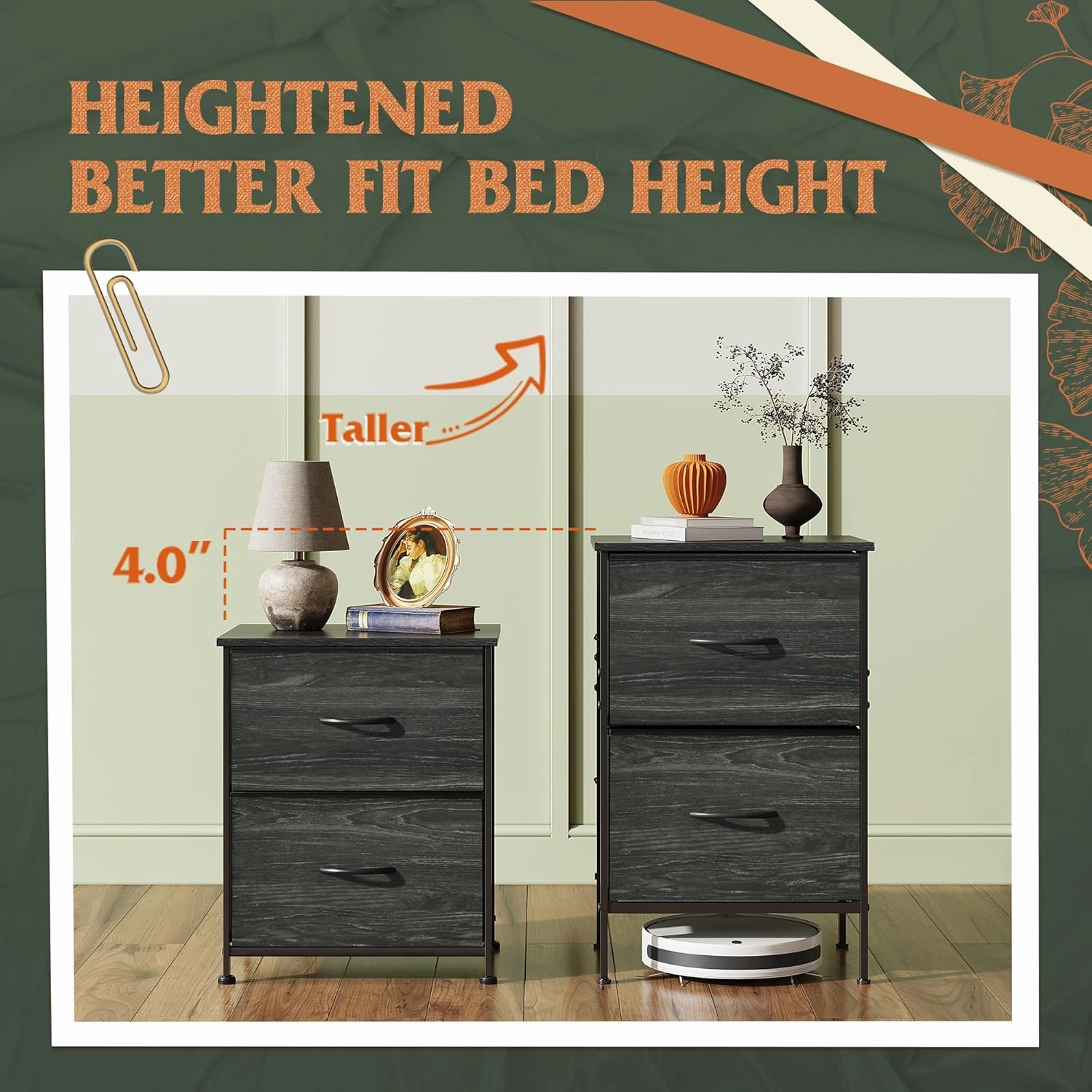 WLIVE Nightstand, Nightstand with 2 Drawers, Bedside Furniture, Night Stand, Small Dresser for Bedroom, College Dorm, End Table with Fabric Bins, Dormitory, Charcoal Black Wood Grain Print, Size L