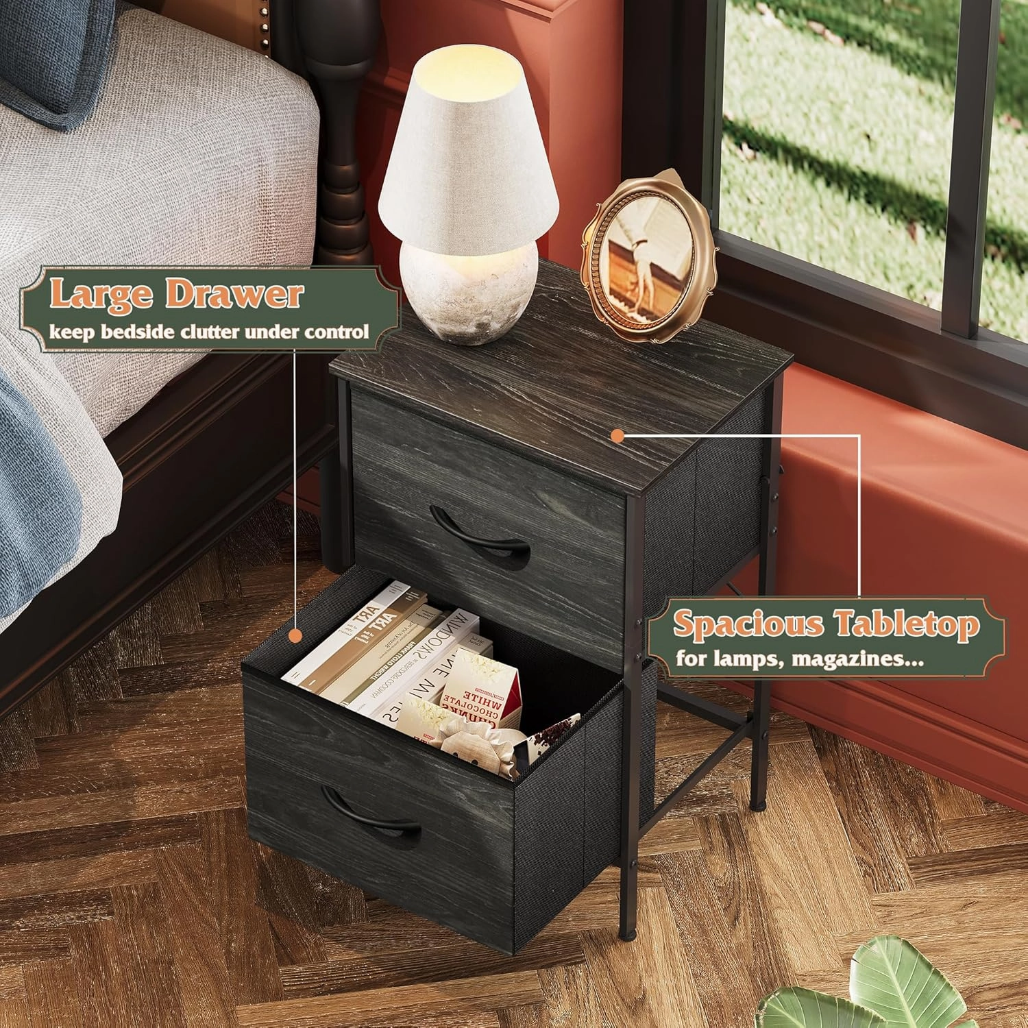 WLIVE Nightstand, Nightstand with 2 Drawers, Bedside Furniture, Night Stand, Small Dresser for Bedroom, College Dorm, End Table with Fabric Bins, Dormitory, Charcoal Black Wood Grain Print, Size L