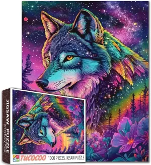 Wolf Jigsaw Puzzle 1000 Pieces Puzzles for Adults,Colorful Forest Wolf with Night Sky Star Puzzles for Challenging Family Activity Games DIY Puzzle for Home Wall Decor - 20 x 27 Inches