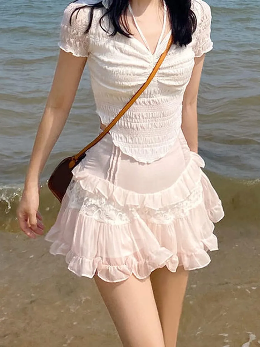 Women Korean Kawaii Mini Skirt Low Waist Lace Patchwork Ruffle Mini Skirt Sweet 90s E-Girl Aesthetic Clothes
