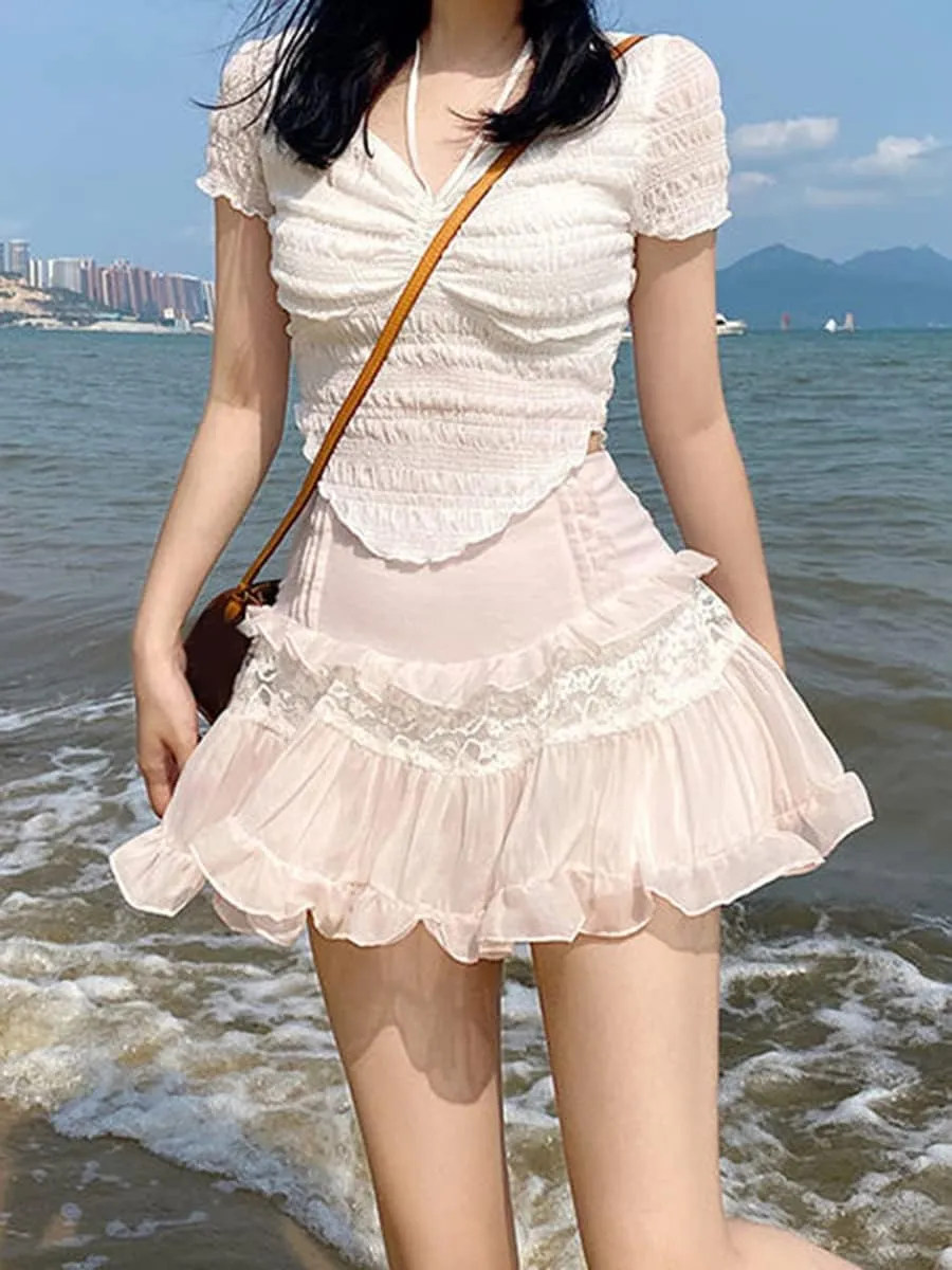 Women Korean Kawaii Mini Skirt Low Waist Lace Patchwork Ruffle Mini Skirt Sweet 90s E-Girl Aesthetic Clothes