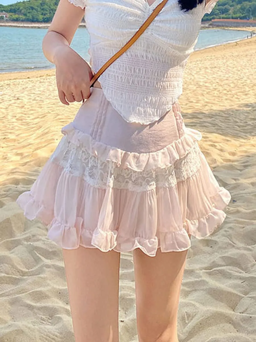 Women Korean Kawaii Mini Skirt Low Waist Lace Patchwork Ruffle Mini Skirt Sweet 90s E-Girl Aesthetic Clothes