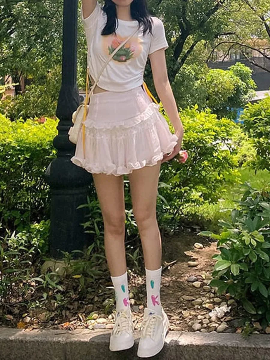 Women Korean Kawaii Mini Skirt Low Waist Lace Patchwork Ruffle Mini Skirt Sweet 90s E-Girl Aesthetic Clothes