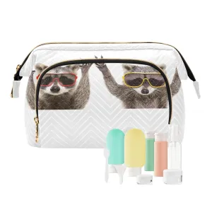 Women Wave Quilt Cosmetic Bag, Zipper Toiletry Storage 10.2x5.9x6.7 in, Pouch Handbag Makeup Case Purse Holder Organizer Print Funny Raccoons With Sunglasses Pose