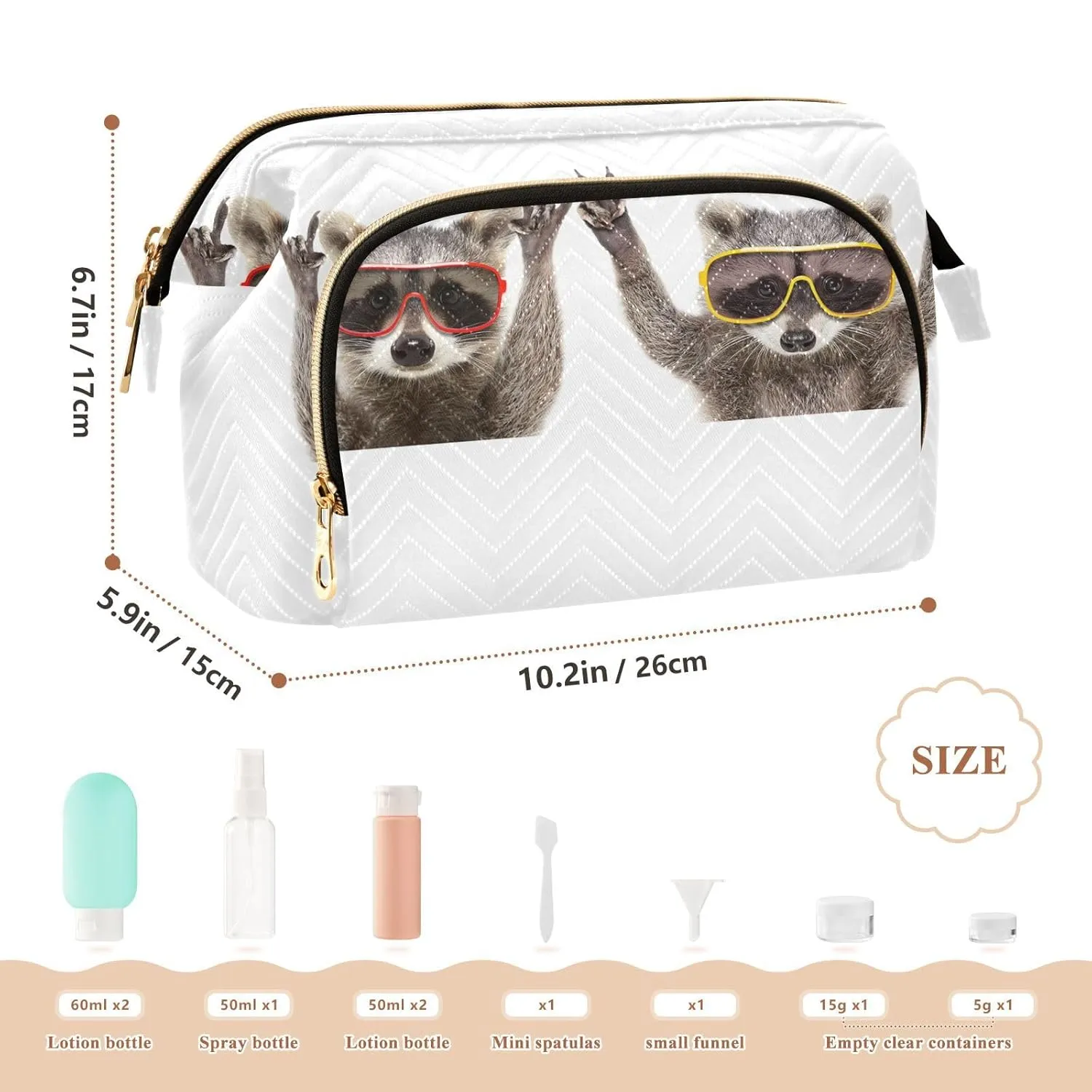 Women Wave Quilt Cosmetic Bag, Zipper Toiletry Storage 10.2x5.9x6.7 in, Pouch Handbag Makeup Case Purse Holder Organizer Print Funny Raccoons With Sunglasses Pose