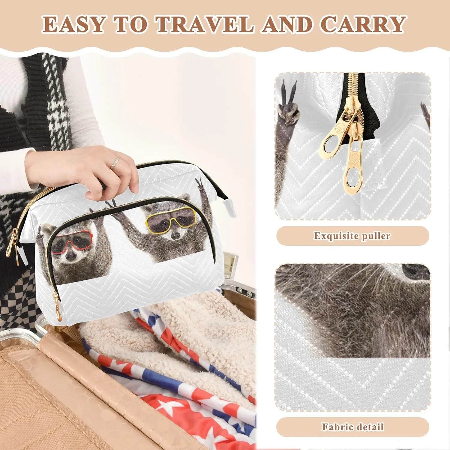 Women Wave Quilt Cosmetic Bag, Zipper Toiletry Storage 10.2x5.9x6.7 in, Pouch Handbag Makeup Case Purse Holder Organizer Print Funny Raccoons With Sunglasses Pose