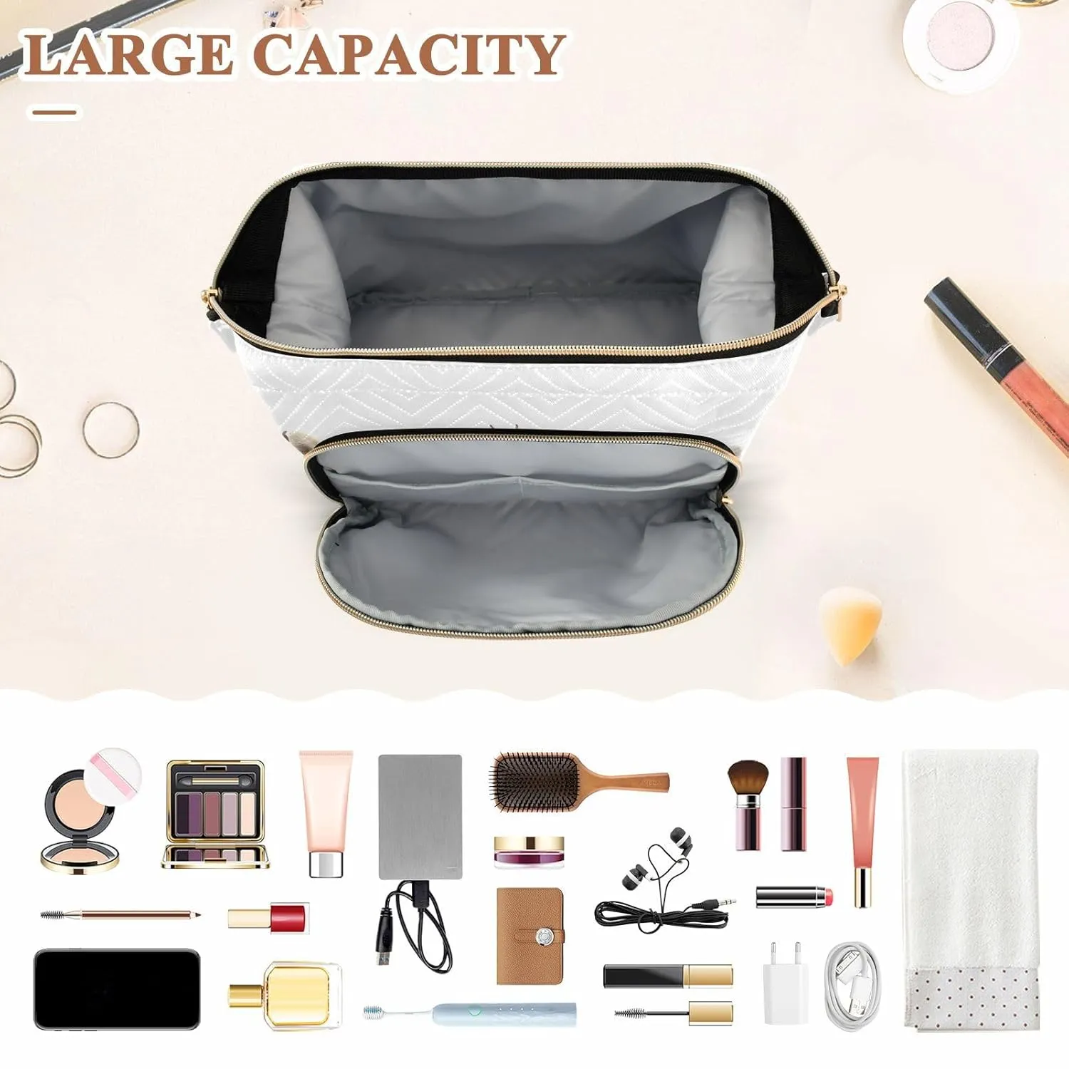 Women Wave Quilt Cosmetic Bag, Zipper Toiletry Storage 10.2x5.9x6.7 in, Pouch Handbag Makeup Case Purse Holder Organizer Print Funny Raccoons With Sunglasses Pose