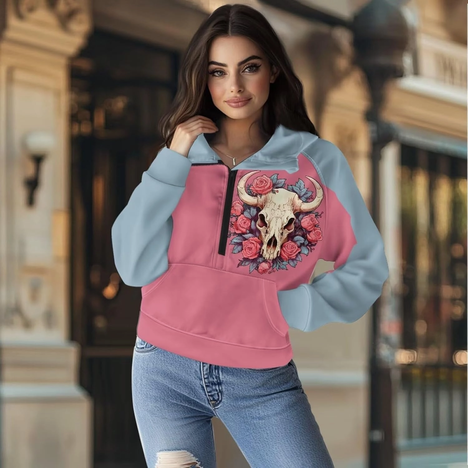 Women's Hoodie, Women's Printed Hoodie, Half Zip Closure, Kangaroo Pocket, S - 2XL.