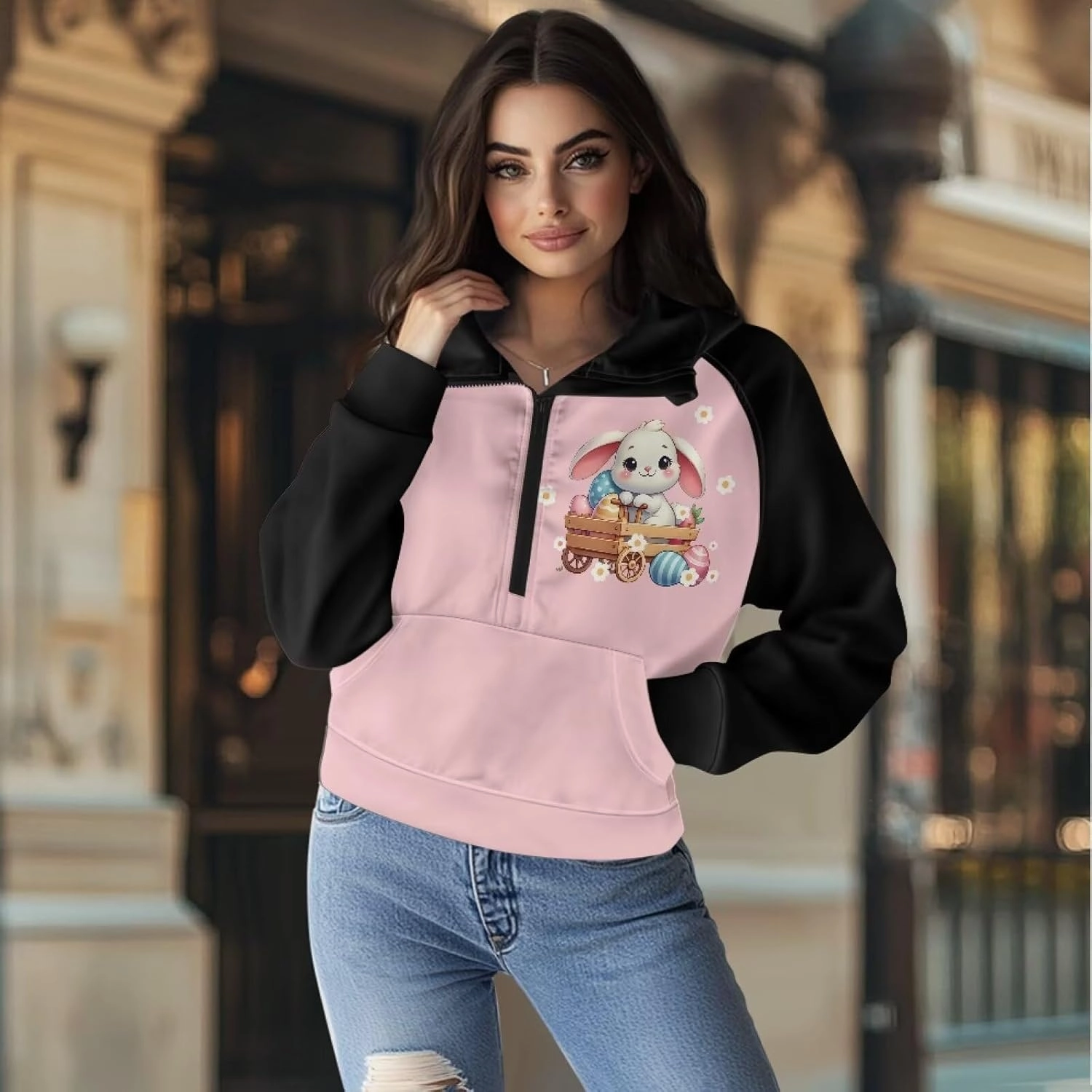Women's Hoodie, Women's Printed Hoodie, Half Zip Closure, Kangaroo Pocket, S - 2XL.