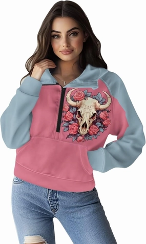 Women's Hoodie, Women's Printed Hoodie, Half Zip Closure, Kangaroo Pocket, S - 2XL.