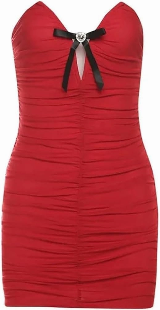 Women's Strapless Bow Mini Solid Color Dress Skinny High Waist Pleated Slash Neck Sexy Bodycon Party Clubwear