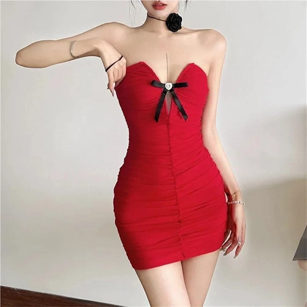 Women's Strapless Bow Mini Solid Color Dress Skinny High Waist Pleated Slash Neck Sexy Bodycon Party Clubwear