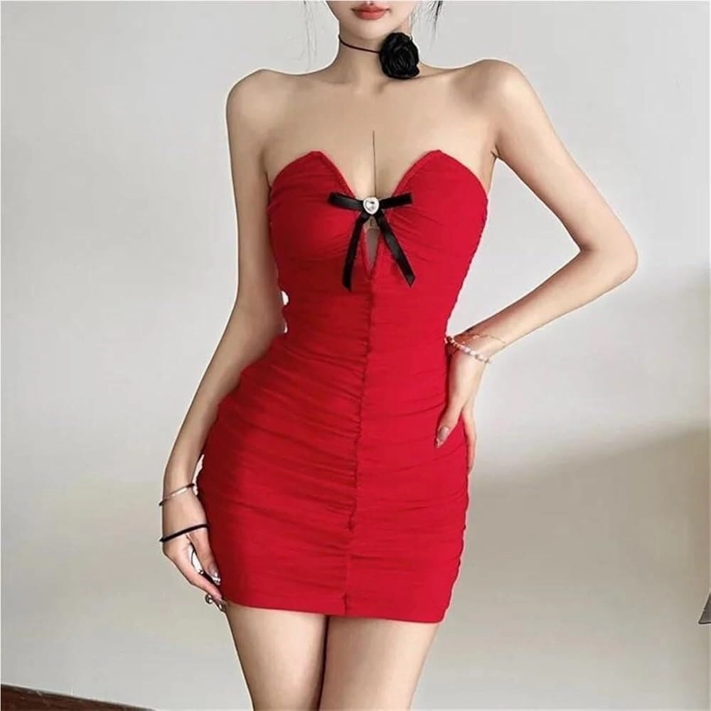 Women's Strapless Bow Mini Solid Color Dress Skinny High Waist Pleated Slash Neck Sexy Bodycon Party Clubwear