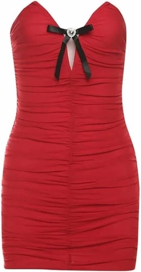 Women's Strapless Bow Mini Solid Color Dress Skinny High Waist Pleated Slash Neck Sexy Bodycon Party Clubwear