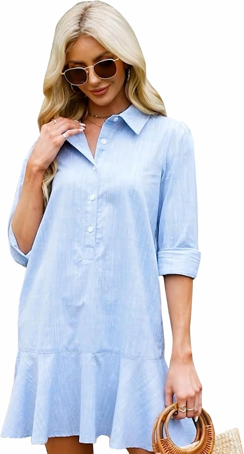 Women's Tunic Mini Shirt Dress Cotton Long Sleeve Ruffle Hem Dress Button Up Shift Chambray Dresses