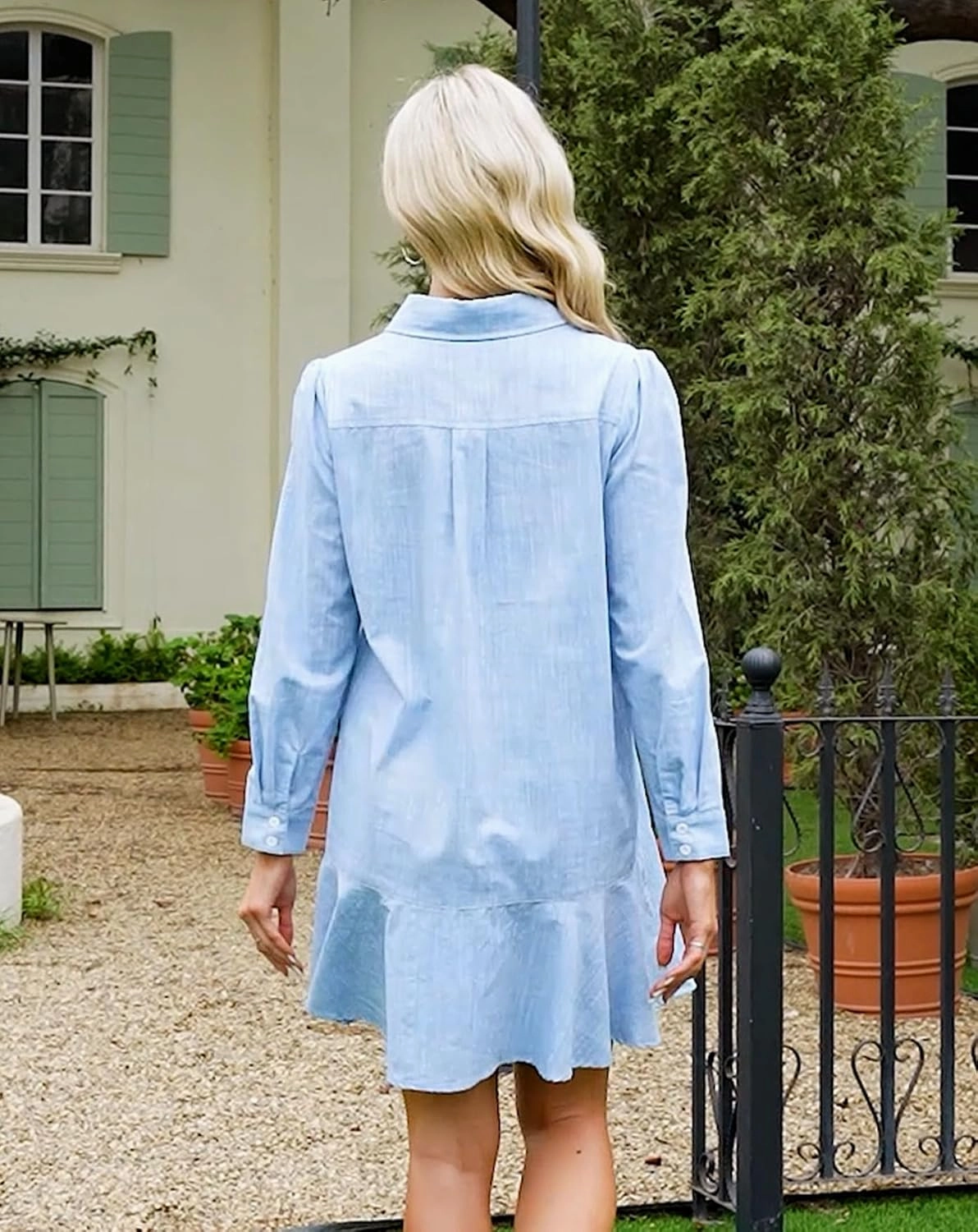 Women's Tunic Mini Shirt Dress Cotton Long Sleeve Ruffle Hem Dress Button Up Shift Chambray Dresses