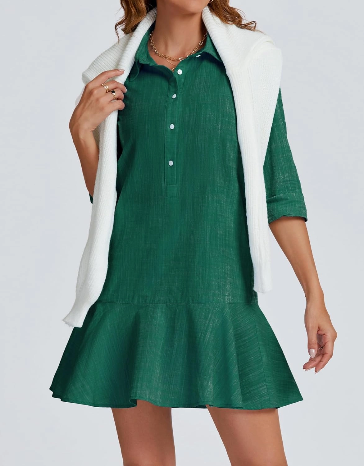 Women's Tunic Mini Shirt Dress Cotton Long Sleeve Ruffle Hem Dress Button Up Shift Chambray Dresses