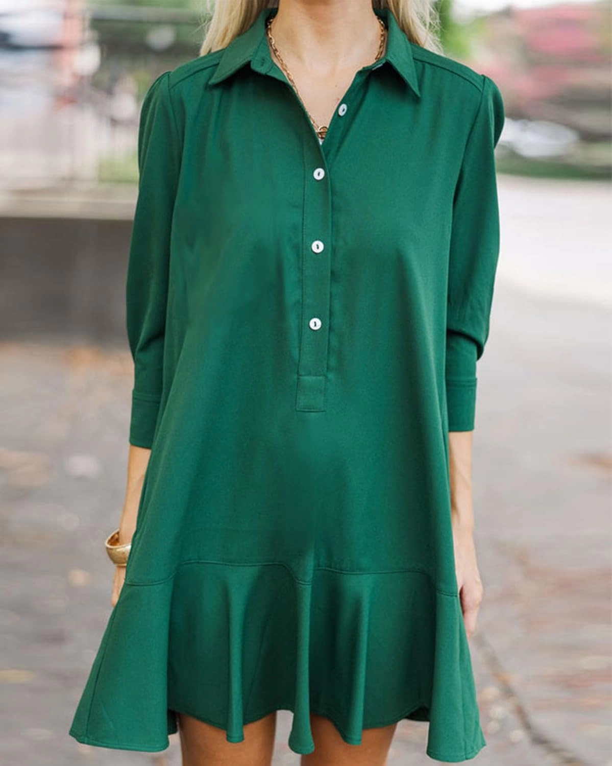 Women's Tunic Mini Shirt Dress Cotton Long Sleeve Ruffle Hem Dress Button Up Shift Chambray Dresses
