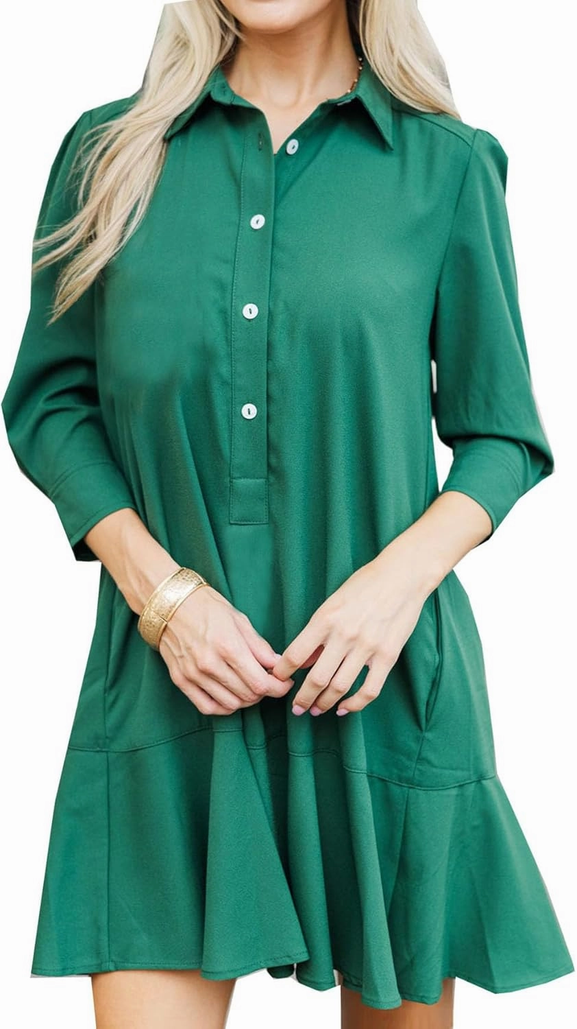 Women's Tunic Mini Shirt Dress Cotton Long Sleeve Ruffle Hem Dress Button Up Shift Chambray Dresses