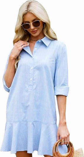 Women's Tunic Mini Shirt Dress Cotton Long Sleeve Ruffle Hem Dress Button Up Shift Chambray Dresses