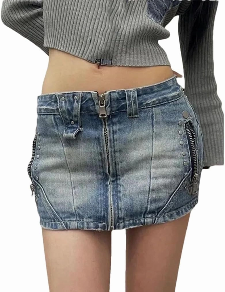 Women's Y2K Denim Mini Skirt with Low Waist Rivets Summer Vintage Streetwear Hip Wrap A-Line Skirts
