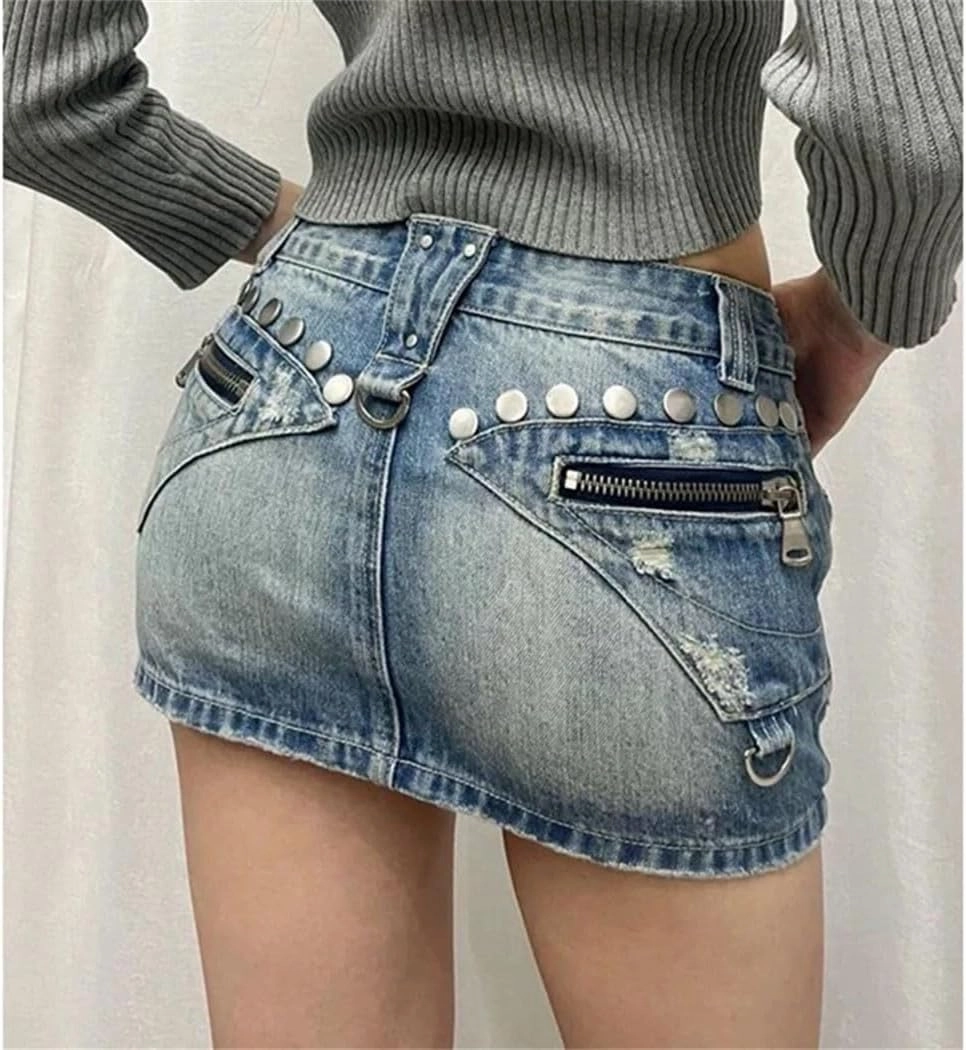 Women's Y2K Denim Mini Skirt with Low Waist Rivets Summer Vintage Streetwear Hip Wrap A-Line Skirts