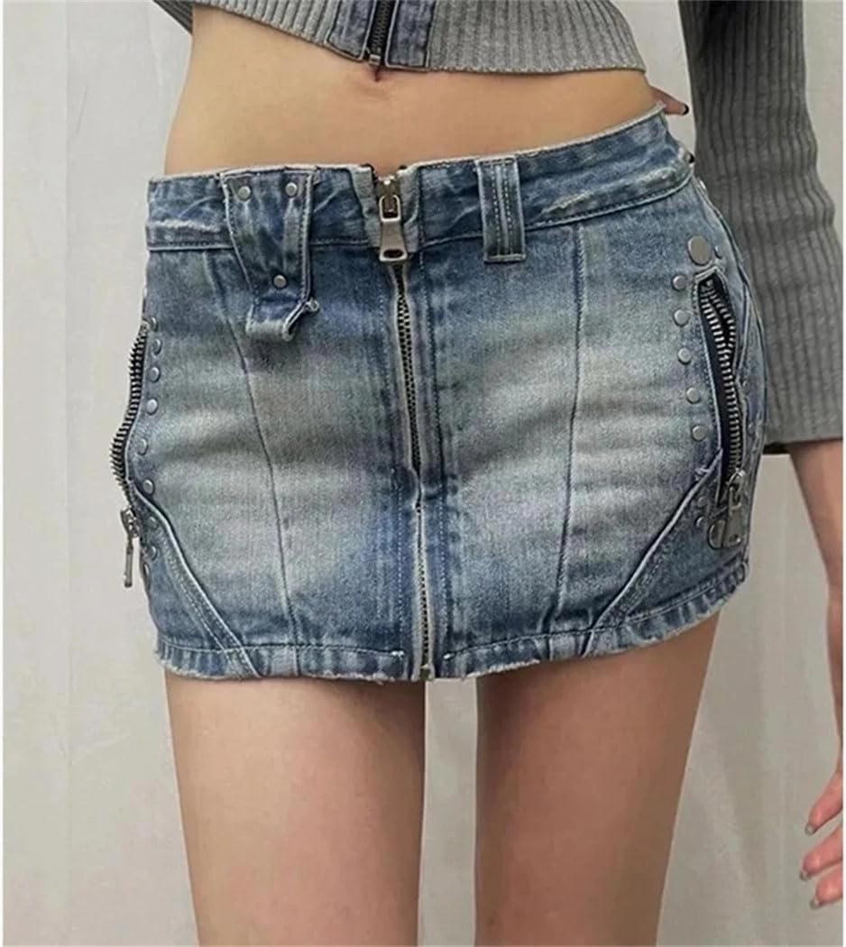 Women's Y2K Denim Mini Skirt with Low Waist Rivets Summer Vintage Streetwear Hip Wrap A-Line Skirts