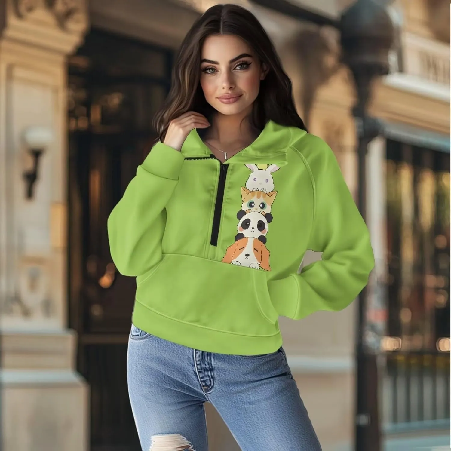 Women's Hoodie, Women's Printed Hoodie, Half Zip Closure, Kangaroo Pocket, S - 2XL.
