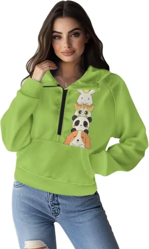 Women's Hoodie, Women's Printed Hoodie, Half Zip Closure, Kangaroo Pocket, S - 2XL.