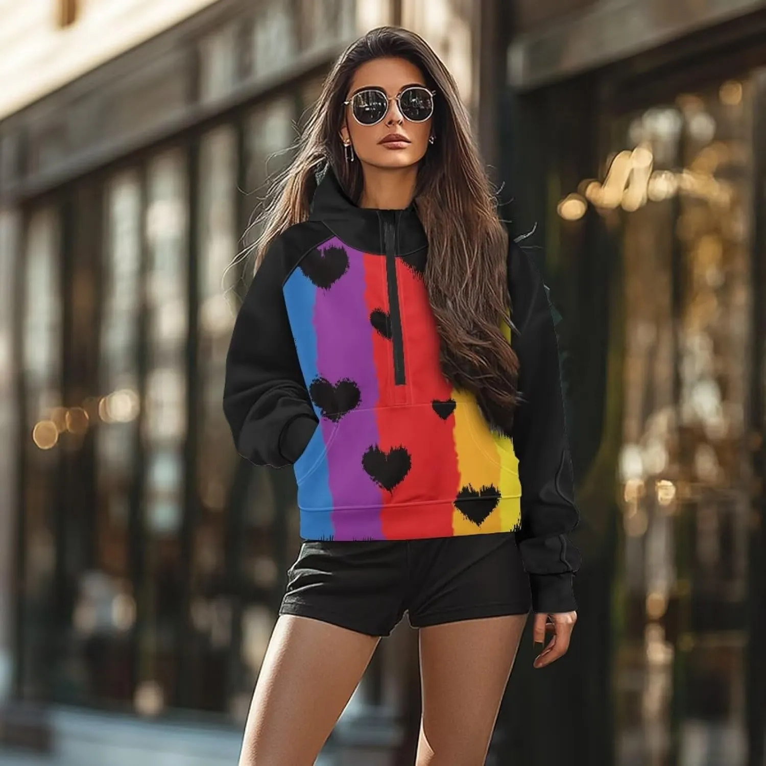 Women's Hoodie, Women's Printed Hoodie, Half Zip Closure, Kangaroo Pocket, S - 2XL.