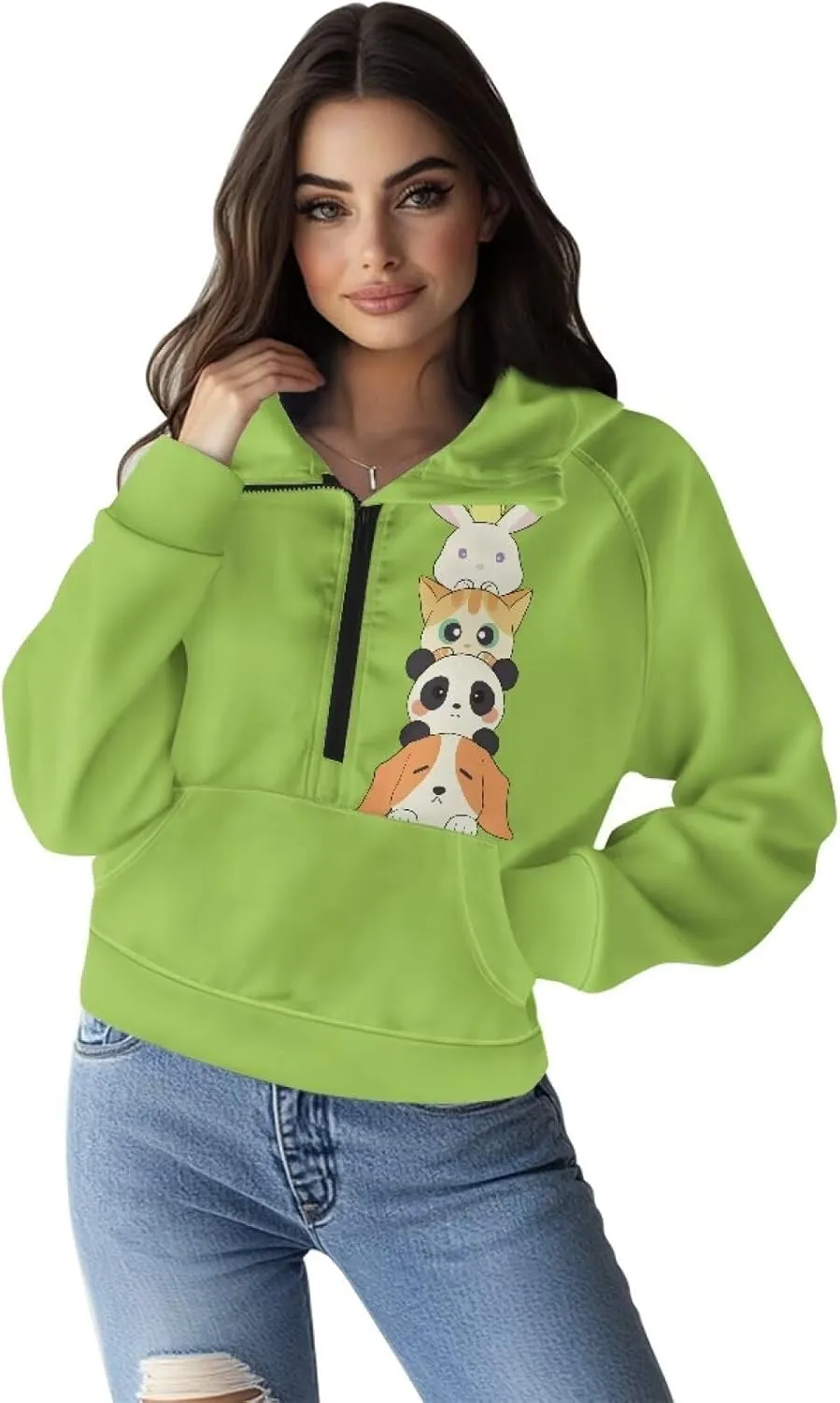 Women's Hoodie, Women's Printed Hoodie, Half Zip Closure, Kangaroo Pocket, S - 2XL.