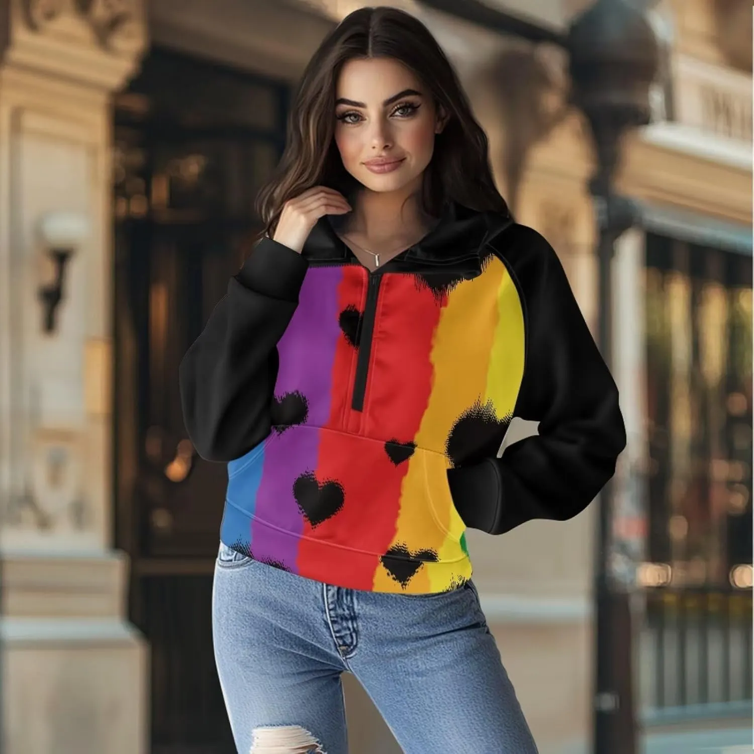 Women's Hoodie, Women's Printed Hoodie, Half Zip Closure, Kangaroo Pocket, S - 2XL.