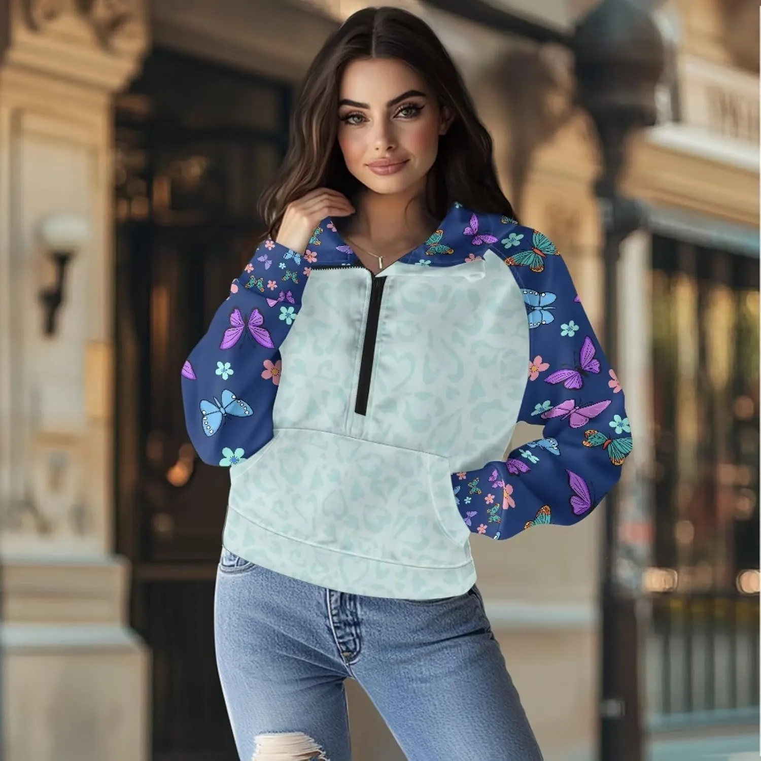 Women's Hoodie, Women's Printed Hoodie, Half Zip Closure, Kangaroo Pocket, S - 2XL.