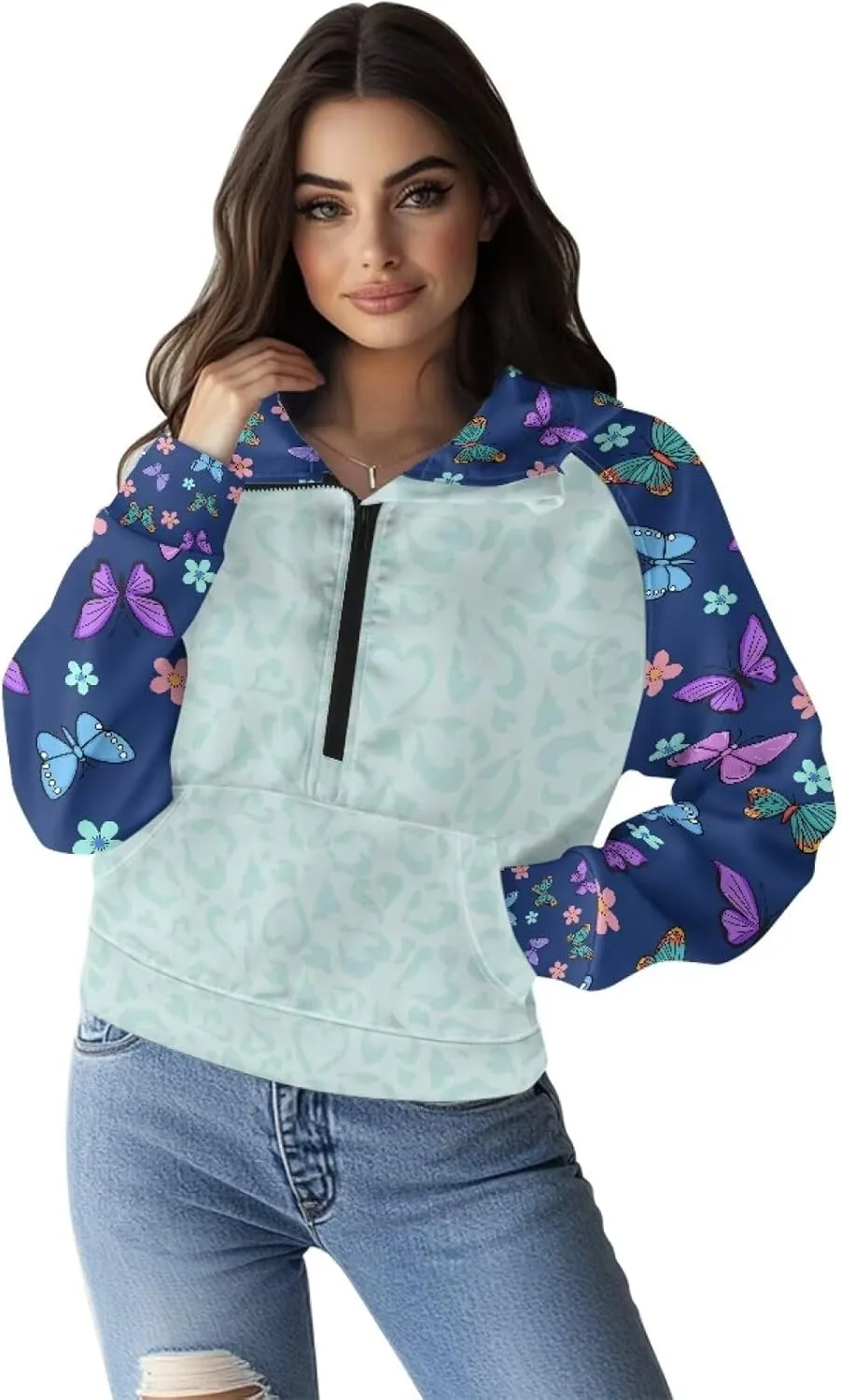 Women's Hoodie, Women's Printed Hoodie, Half Zip Closure, Kangaroo Pocket, S - 2XL.