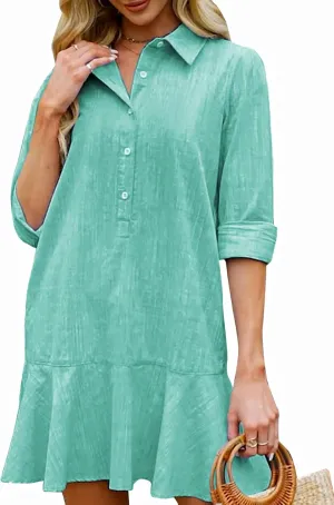 Women's Tunic Mini Shirt Dress Cotton Long Sleeve Ruffle Hem Dress Button Up Shift Chambray Dresses