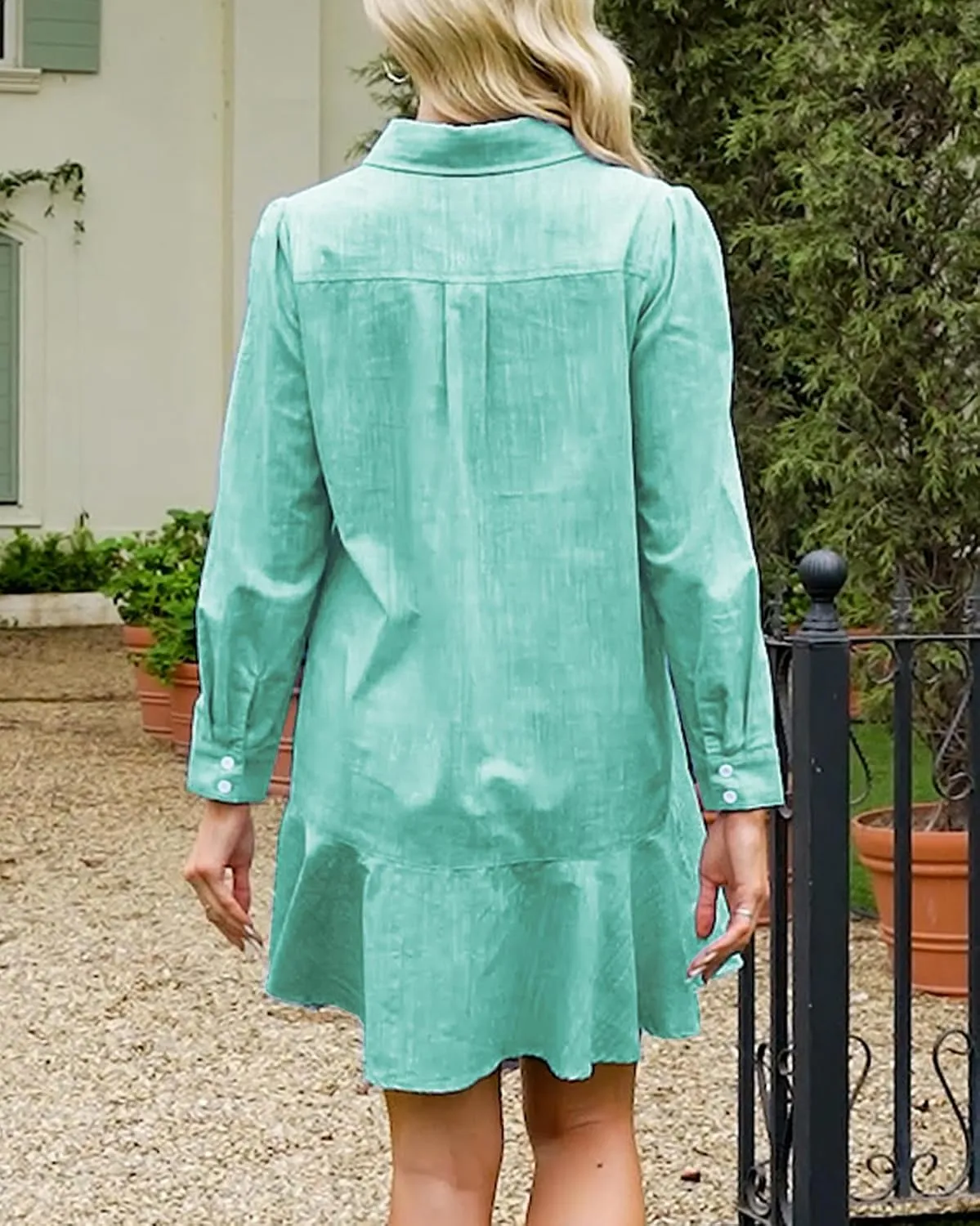 Women's Tunic Mini Shirt Dress Cotton Long Sleeve Ruffle Hem Dress Button Up Shift Chambray Dresses