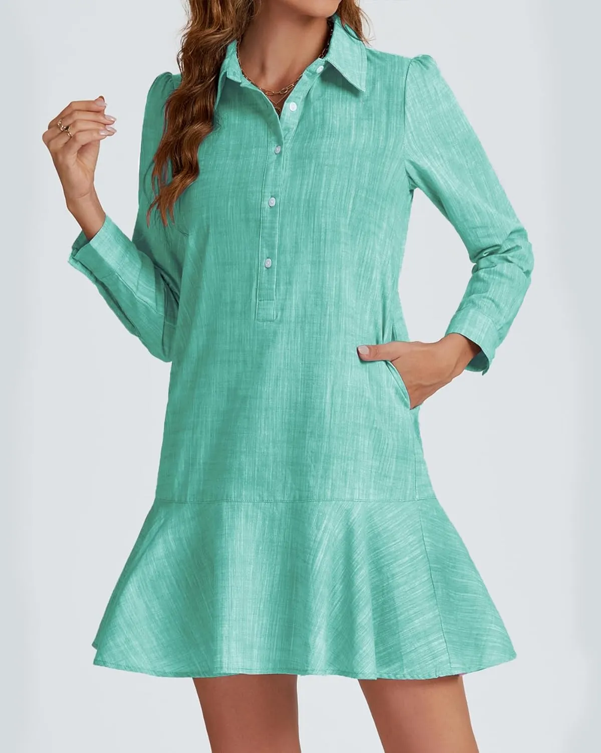 Women's Tunic Mini Shirt Dress Cotton Long Sleeve Ruffle Hem Dress Button Up Shift Chambray Dresses