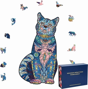 Wood Cut Puzzles, Wooden Jigsaw Puzzles, Animals Shaped Unique Wooden Puzzles for Adults and Kids, Cool Gadgets Magic Liberty Puzzles, Cartoon Blue Cute cat (Large 300 pcs)