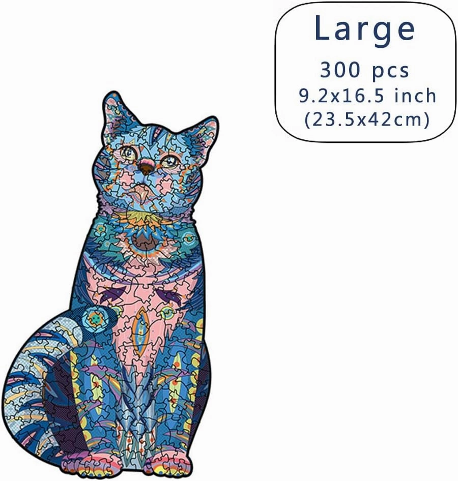 Wood Cut Puzzles, Wooden Jigsaw Puzzles, Animals Shaped Unique Wooden Puzzles for Adults and Kids, Cool Gadgets Magic Liberty Puzzles, Cartoon Blue Cute cat (Large 300 pcs)
