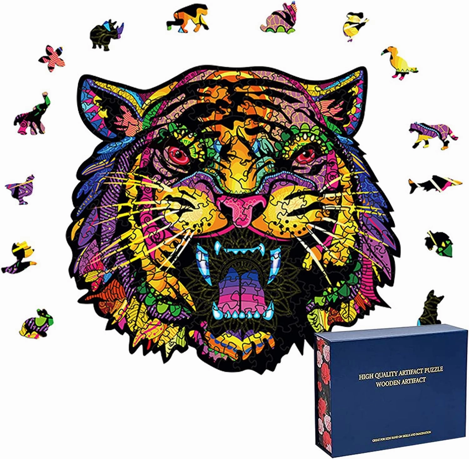 Wood Cut Puzzles, Wooden Jigsaw Puzzles, Animals Shaped Unique Wooden Puzzles for Adults and Kids, Cool Gadgets Magic Liberty Puzzles, Color Ferocious Tiger Roar (Small 100 pcs)