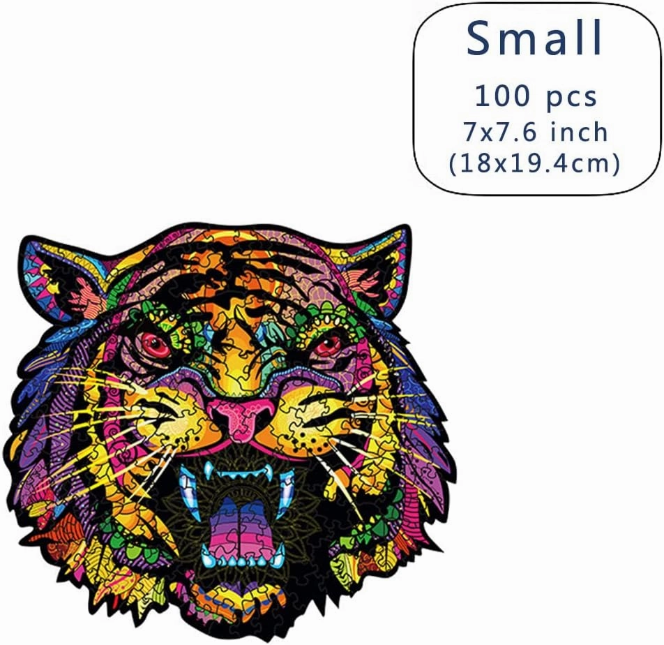 Wood Cut Puzzles, Wooden Jigsaw Puzzles, Animals Shaped Unique Wooden Puzzles for Adults and Kids, Cool Gadgets Magic Liberty Puzzles, Color Ferocious Tiger Roar (Small 100 pcs)