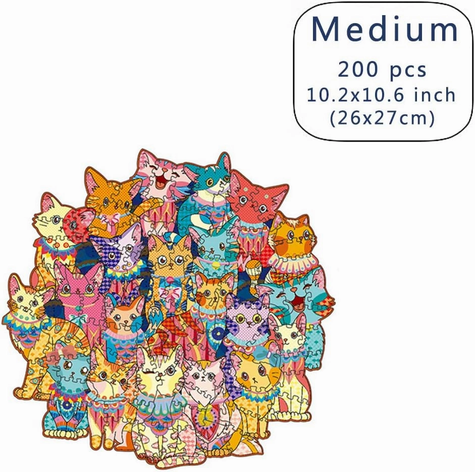 Wood Cut Puzzles, Wooden Jigsaw Puzzles, Animals Shaped Unique Wooden Puzzles for Adults and Kids, Cool Gadgets Magic Liberty Puzzles, Colorful Cute cat Family (Medium 200 pcs)