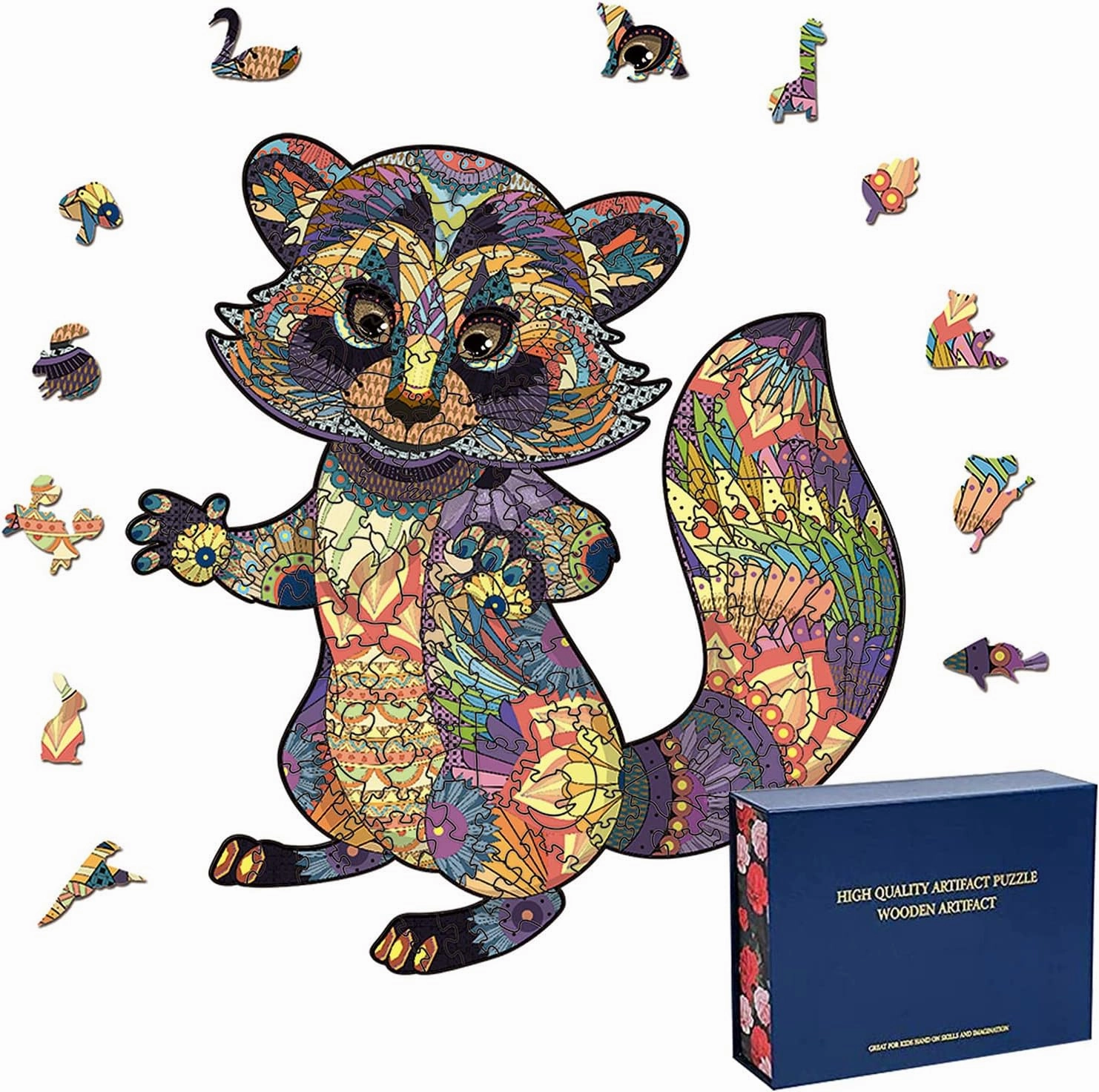Wood Cut Puzzles, Wooden Jigsaw Puzzles, Animals Shaped Unique Wooden Puzzles for Adults and Kids, Cool Gadgets Magic Liberty Puzzles, Cute Colorful Little Raccoon (Medium 200 pcs)