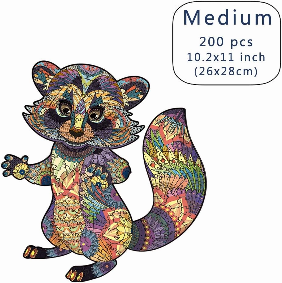 Wood Cut Puzzles, Wooden Jigsaw Puzzles, Animals Shaped Unique Wooden Puzzles for Adults and Kids, Cool Gadgets Magic Liberty Puzzles, Cute Colorful Little Raccoon (Medium 200 pcs)