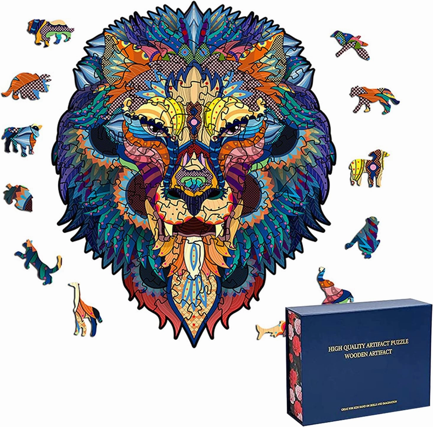 Wood Cut Puzzles, Wooden Jigsaw Puzzles, Animals Shaped Unique Wooden Puzzles for Adults and Kids, Cool Gadgets Magic Liberty Puzzles, Domineering Lion Head (Small 100 pcs)