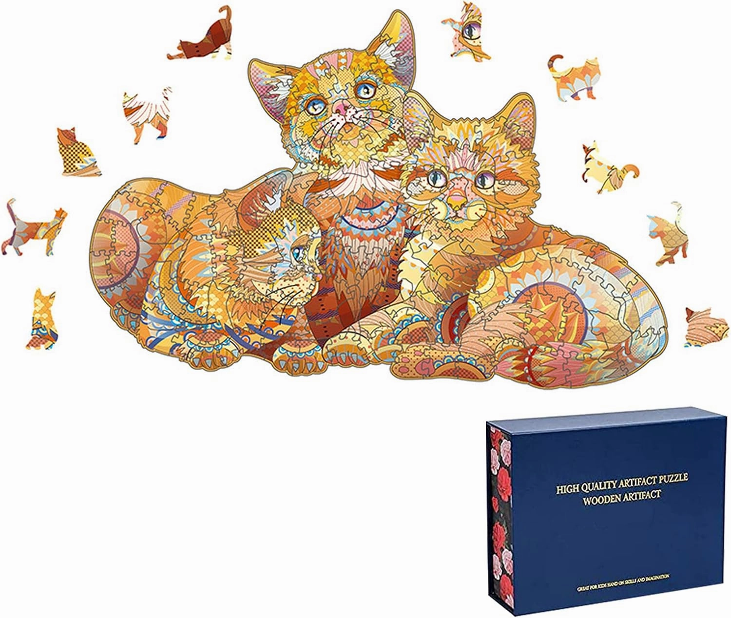 Wood Cut Puzzles, Wooden Jigsaw Puzzles, Animals Shaped Unique Wooden Puzzles for Adults and Kids, Cool Gadgets Magic Liberty Puzzles, Three Cute Yellow Cats (Medium 200 pcs)
