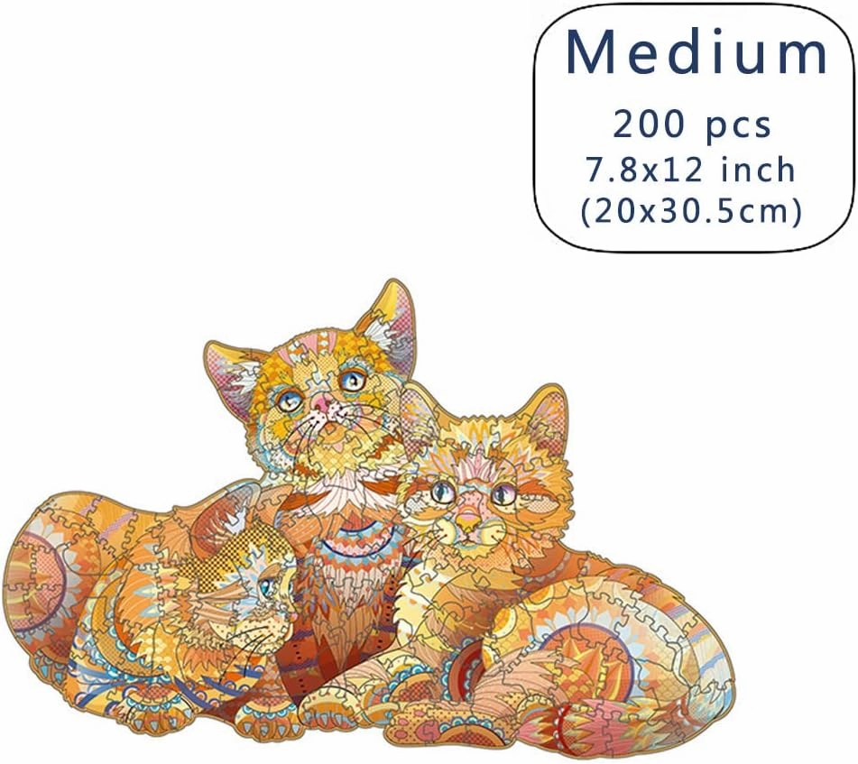 Wood Cut Puzzles, Wooden Jigsaw Puzzles, Animals Shaped Unique Wooden Puzzles for Adults and Kids, Cool Gadgets Magic Liberty Puzzles, Three Cute Yellow Cats (Medium 200 pcs)