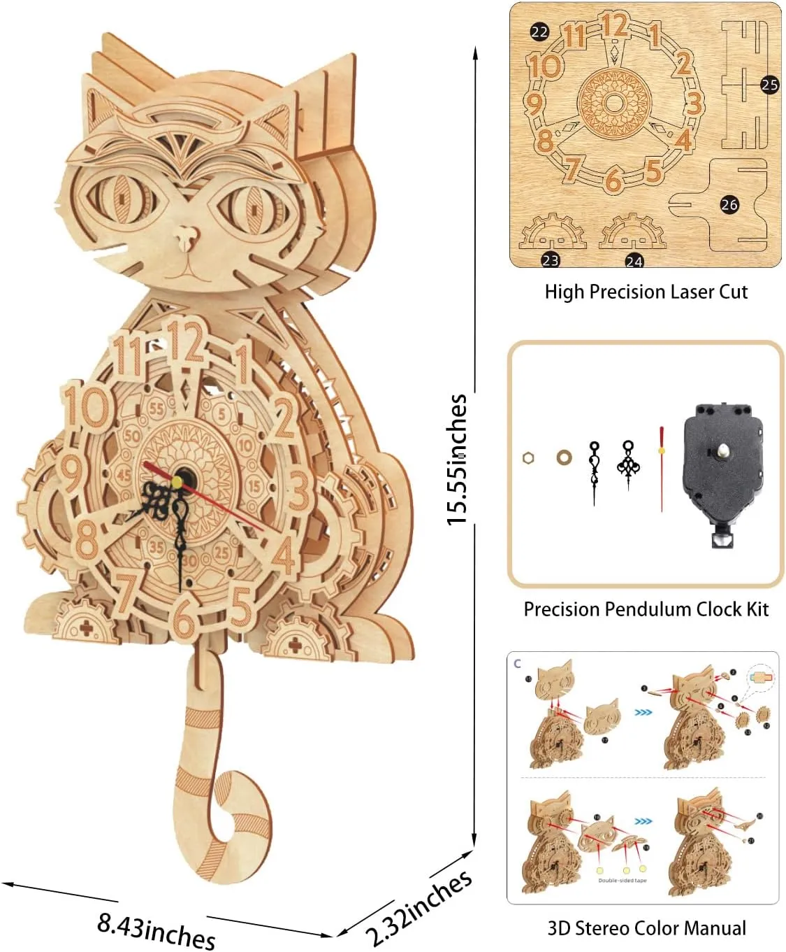 Wooden 3D Puzzles for Adults Model kit Cat Clock Kids Wall Clock Decor for Birthday Gift/Christmas Day