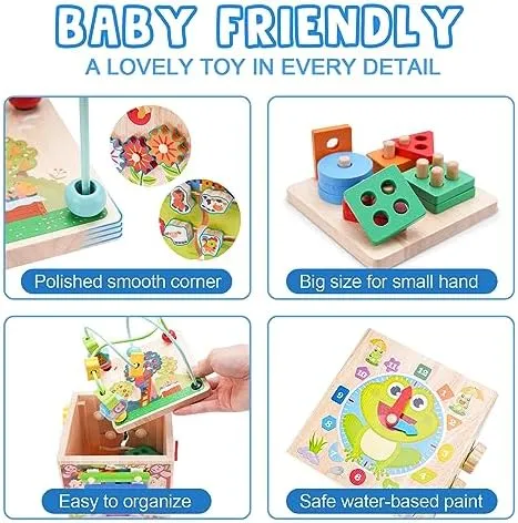 Wooden Activity Cube | Montessori Toys for 1 2 3 Year Old Toddlers | One Year Old 1st First Birthday Gift | Educational Toys for 12  Months Baby Boys Girls | Bonus Sorting & Stacking Game (Pink)